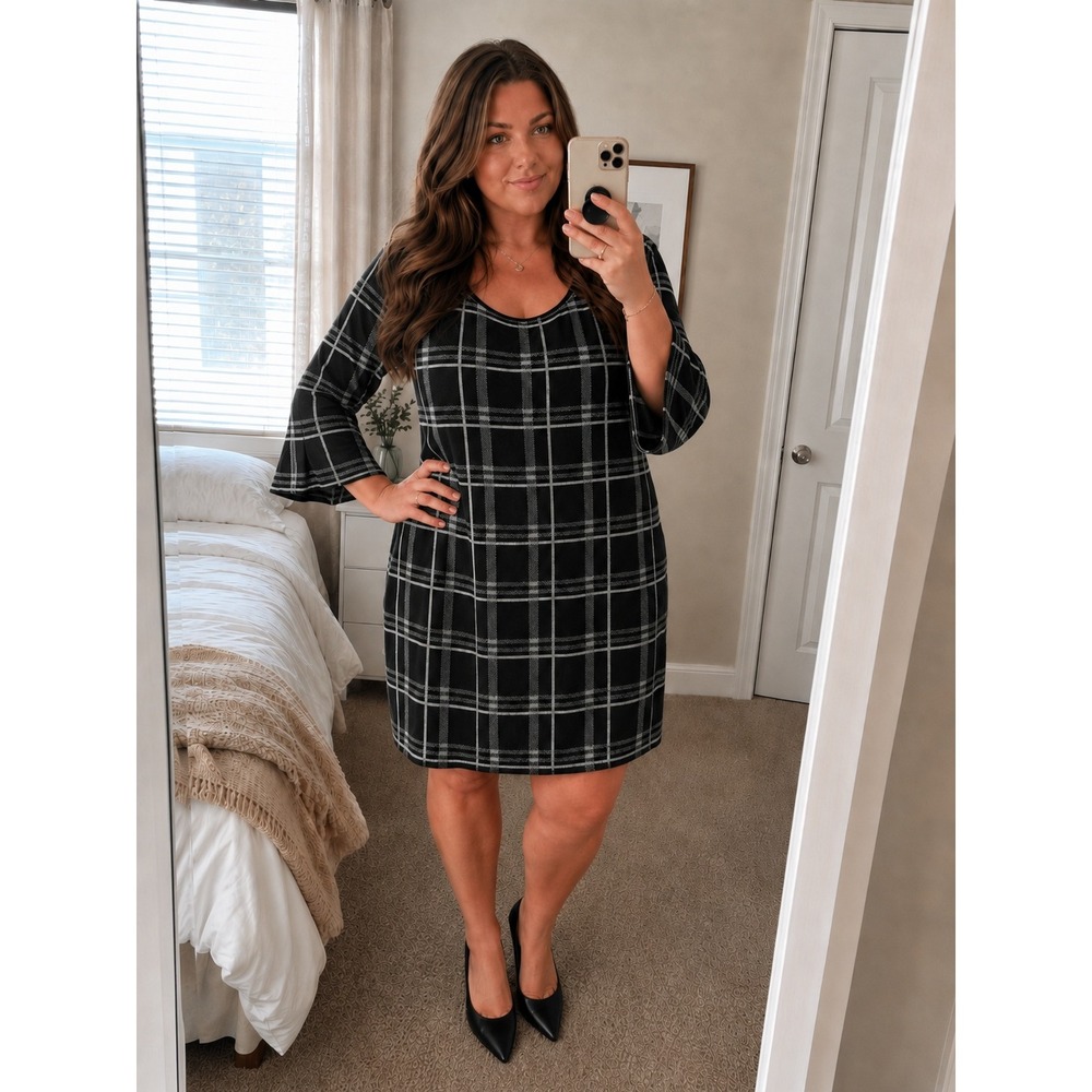 NY Collection Plaid Sweater Dress 2X Black Bell Sleeve Career Classic Preppy Mod